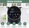 A close-up of a hot water dispenser's digital display and control panel, with icons and text explaining its features. Produktbild-Vorschau