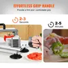 A collage showing a tomato slicer in use, a hand holding a slicer handle, and a hand slicing a bell pepper. Produktbild-Vorschau