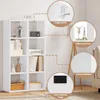 A white bookshelf with various items on its shelves, accompanied by diagrams highlighting product features. Produktbild-Vorschau