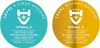 Two circular badges showing virus hygiene levels. Produktbild-Vorschau