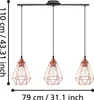 A three-light pendant lamp with geometric copper shades and exposed bulbs, shown with measurement indicators. Voir les images du produit