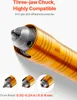 Close-up of a drill chuck with text overlay describing its features and compatibility. Voir les images du produit