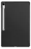 A black tablet case with a silver stylus attached to the side, shown flat against a white background. Produktbild-Vorschau