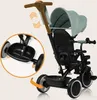 A multifunctional tricycle and stroller is shown with an inset close-up of the footrest and an arrow indicating rotation. The tricycle has a canopy and a parent handle. Produktbild-Vorschau