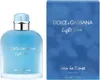 A bottle of Dolce & Gabbana Light Blue Eau Intense Pour Homme EDP spray and its packaging are displayed side-by-side against a light blue and white background. Produktbild-Vorschau