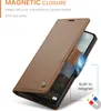 A brown leather flip case for a smartphone, shown partially open with a landscape image on the phone screen. Text overlays describe the magnetic closure feature. Produktbild-Vorschau