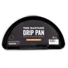 A black half-moon shaped drip pan with branding and product information on it, placed on a white background. Produktbild-Vorschau