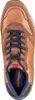 A top-down view of a brown leather and suede sneaker with navy blue laces and trim. Produktbild-Vorschau