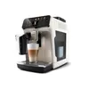A fully automatic espresso machine with a milk carafe and a glass of latte macchiato. Produktbild-Vorschau