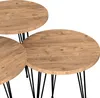 Three round wooden tables with black hairpin legs, arranged in a staggered formation. Podgląd zdjęcia produktu