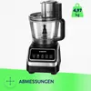 A food processor is shown against a light gray and white patterned background. There is a green overlay at the bottom with text and an icon, and a green badge with weight information in the top right corner. Anteprima dell’immagine prodotto