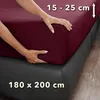 Hands are shown adjusting a burgundy fitted sheet on a mattress. Produktbild-Vorschau