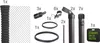 A collection of fence components and accessories laid out on a white background.