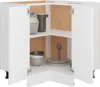 An open corner kitchen cabinet with white doors, showing shelves with bowls, a coffee maker, plates, and a glass with a spoon. Náhľad obrázku produktu