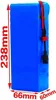 A blue rectangular battery pack with red and black wires and connectors is shown. Dimensions are indicated with red text and arrows. Voir les images du produit