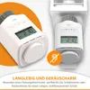 Two electronic thermostats are shown, one in the foreground and one mounted on a radiator valve. Text overlays describe features. Produktbild-Vorschau