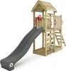 A wooden playground structure with a slide, climbing wall, and ladder, set against a white background. Náhľad obrázku produktu