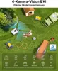 A robotic lawnmower is shown in a garden setting with various objects and icons representing its features. Produktbild-Vorschau
