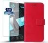 A red flip phone case with floral embossing and a screen protector are displayed against a white background. Produktbild-Vorschau