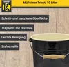 A black enameled bucket with a wooden handle is shown against a wooden background, with text overlays describing its features. Produktbild-Vorschau