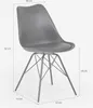 A gray designer chair with dimensions indicated by lines and text. Produktbild-Vorschau