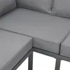 Close-up view of the cushions and frame of a gray outdoor lounge set. Produktbild-Vorschau
