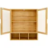 An open wooden cabinet with fluted glass doors and multiple shelves and cubbies. Voir les images du produit