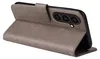 A gray flip case for a smartphone is shown from a side angle, with the front cover open. Produktbild-Vorschau