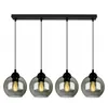 A product shot of a black pendant light fixture with four grey glass globe shades. Produktbild-Vorschau