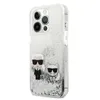 A side view of a clear iPhone case with silver glitter and two cartoon characters inside. Produktbild-Vorschau