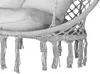 Close-up of the bottom edge of a hanging chair, showing the macrame netting and tassels. Voir les images du produit