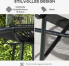 A collage showing details of a black rattan side table with a glass top, set against a background of green foliage and a light gray textured surface. Produktbild-Vorschau