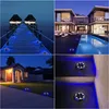 Collage of four images showing solar ground lights illuminating various outdoor settings at night, including a pier, a modern house with a pool, a residential walkway, and stairs. Produktbild-Vorschau