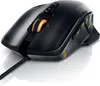 A black gaming mouse with orange accents is shown on a white reflective surface. Produktbild-Vorschau