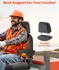 A man wearing a hard hat and safety vest sits in a tractor seat, looking to the side. A close-up inset shows the headrest of the seat with adjustable height indicators. Podgląd zdjęcia produktu