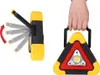 A collage showing a warning triangle LED flashlight and power bank, with one image demonstrating its adjustable stand and another showing it being held by a hand. Voir les images du produit
