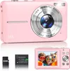 A pink digital camera with accessories and a screen displaying children. Produktbild-Vorschau