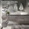 A bathroom vanity with sinks and faucets, with text overlays describing product features. Podgląd zdjęcia produktu