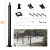 A black metal railing post and its associated hardware are displayed against a white background, with a lifestyle shot of a completed railing system at the bottom. Náhled obrázku produktu