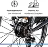 Close-up of an e-bike rear wheel hub with text overlays describing features. Produktbild-Vorschau