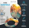 A toilet seat with a floral design is shown open, with text highlighting its benefits. Náhled obrázku produktu