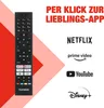 A remote control is shown next to logos of popular streaming services and text promoting app access. Produktbild-Vorschau