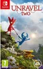 Two yarn characters, one red and one blue, are climbing a mossy hill with a body of water and mountains in the background. Produktbild-Vorschau