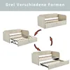 A collage showing a beige sofa bed in three different configurations, demonstrating its transformable nature. Arrows indicate the transitions between forms. Anteprima dell’immagine prodotto