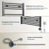 A collage of images showing details of an electric towel radiator, including its heating element and cable. Voir les images du produit