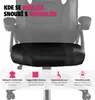 A graphic collage featuring a black office chair with overlaid text and feature icons at the bottom. Náhled obrázku produktu