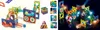 A collage of images showing a magnetic building block marble run toy, both in daylight and illuminated in the dark. Náhľad obrázku produktu