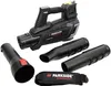A black and gray cordless leaf blower with various attachments and a shoulder strap, laid out on a white background. Produktbild-Vorschau