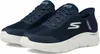 A pair of navy blue Skechers Go Walk sneakers with white soles are shown from a slightly elevated side angle against a white background. Produktbild-Vorschau