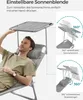 A man is relaxing on a lounge chair with an adjustable sunshade. The image also includes diagrams illustrating the sunshade's adjustability. Produktbild-Vorschau